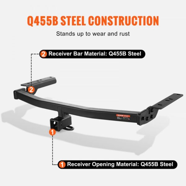 VEVOR class 3 trailer hitch; q455b steel construction, rust-resistant and durable receiver bar and opening.