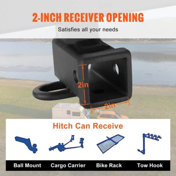 VEVOR class 3 trailer hitch with 2-inch receiver for ball mount, cargo carrier, bike rack, tow hook.