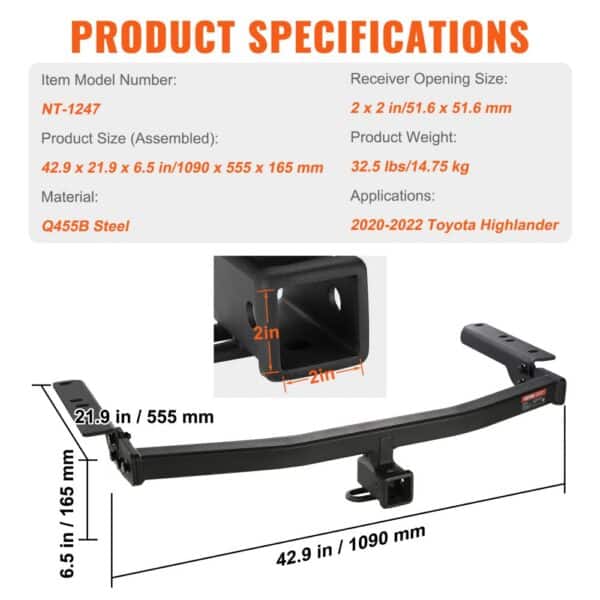 product specifications for VEVOR class 3 trailer hitch, compatible with 2020-2022 toyota highlander.