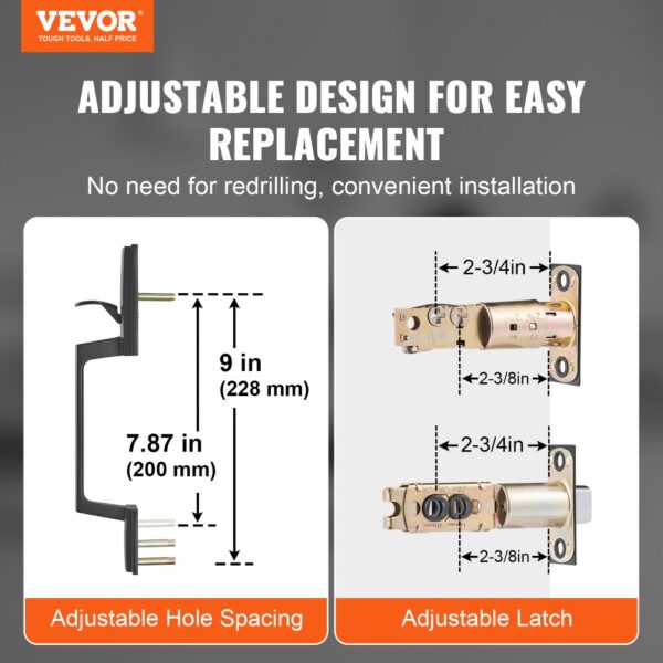 VEVOR front door handle set with adjustable hole spacing and latch for convenient installation.