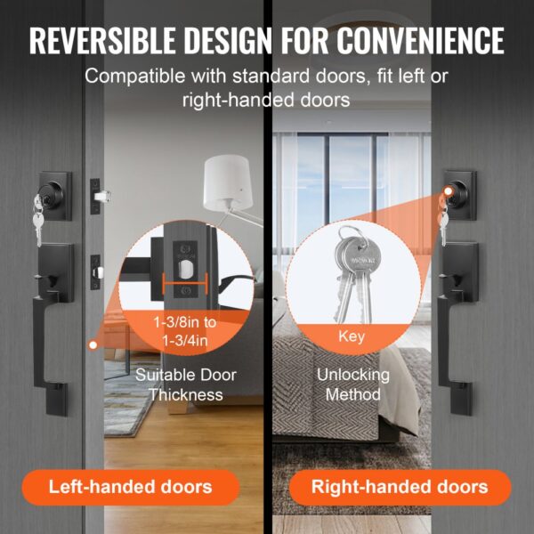 VEVOR front door handle set for left- and right-handed doors, showcasing key unlocking method and thickness.