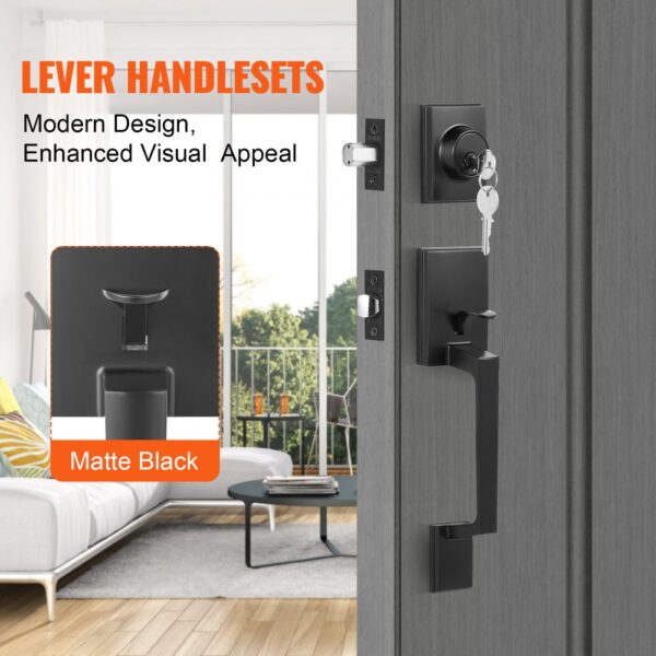 VEVOR front door handle set in matte black, modern design with lever handle, and a key-lock system