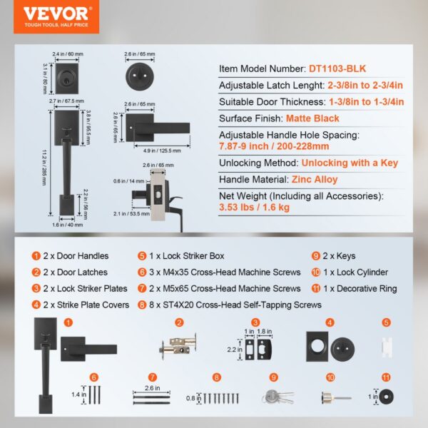 VEVOR front door handle set, matte black, zinc alloy, adjustable latch length, includes accessories.