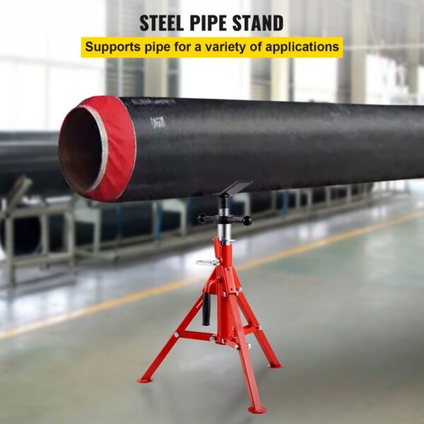 red VEVOR pipe stand supporting large black steel pipe in an industrial workspace.