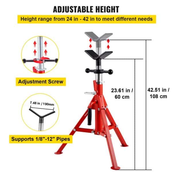 VEVOR pipe stand with adjustable height from 24 to 42 inches for 1/8"-12" pipes.