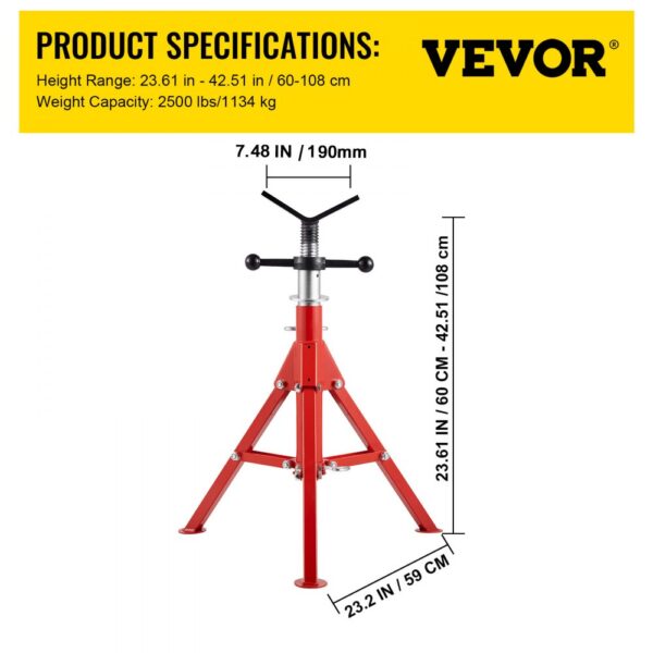 VEVOR pipe stand with height range: 23.61-42.51in, weight capacity: 2500 lbs.