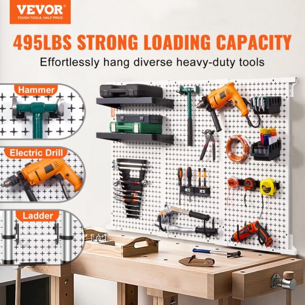 VEVOR Pegboard Wall Organizer 48" x 32", 495LBS Loading Garage Metal Pegboard Organizer Wall Mount, 37PCS Tool Storage Kit with 3 Peg Boards, Hooks, Storage Bins, Shelf Racks for Warehouse Garage Shop