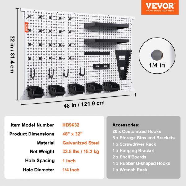 VEVOR Pegboard Wall Organizer 48" x 32", 495LBS Loading Garage Metal Pegboard Organizer Wall Mount, 37PCS Tool Storage Kit with 3 Peg Boards, Hooks, Storage Bins, Shelf Racks for Warehouse Garage Shop