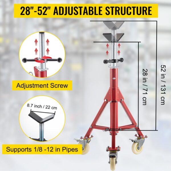 VEVOR pipe jack stand with 28"-52" adjustable height, supports 1/8-12 in pipes.