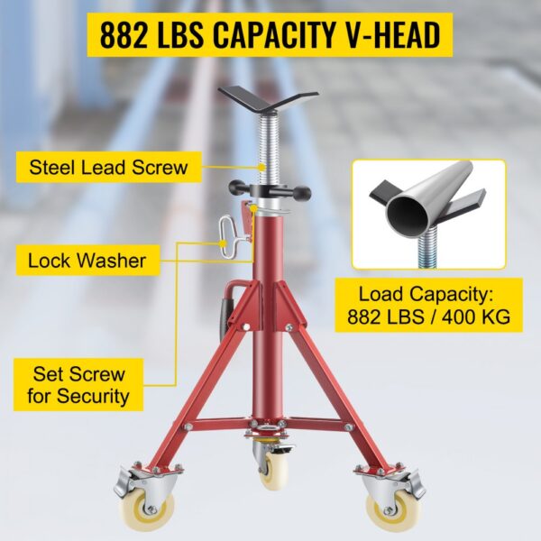 VEVOR pipe jack stand with v-head, steel lead screw, and 882 lbs capacity.