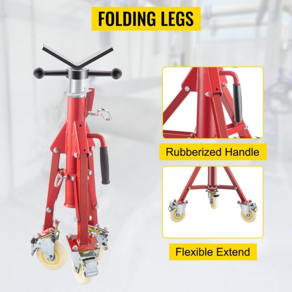 VEVOR pipe jack stand with folding legs, rubberized handle, and flexible extend wheels.