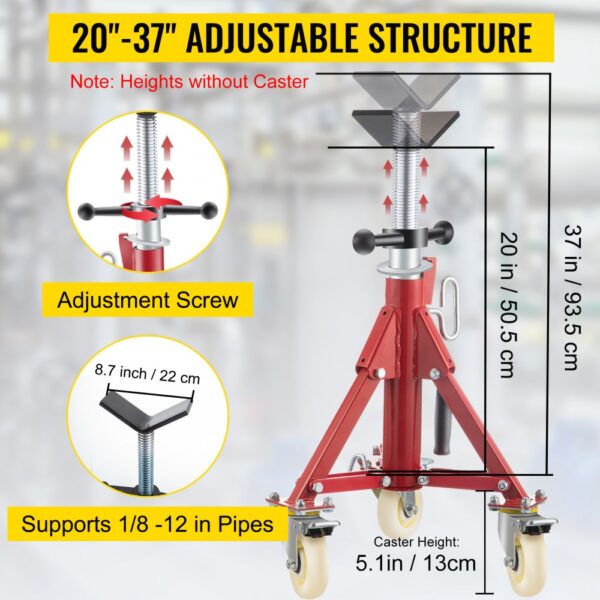 VEVOR pipe stand with adjustable height from 20" to 37", support for various pipe sizes.