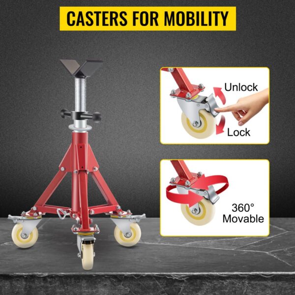 VEVOR pipe stand with lockable wheels and 360-degree mobility features.