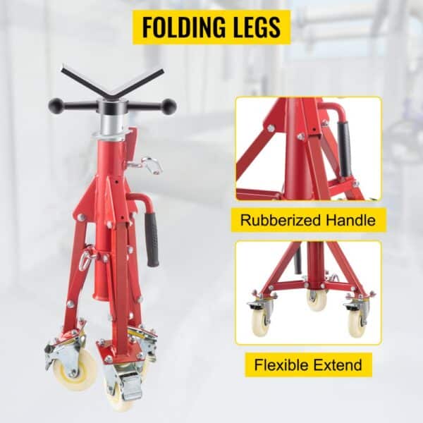 VEVOR pipe stand with folding legs, rubberized handle, and flexible extend wheels.