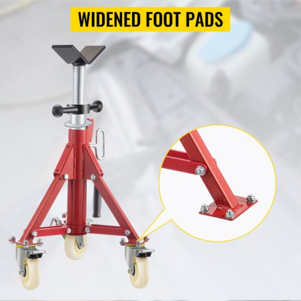 red VEVOR pipe stand with wheels and widened foot pads for stability.