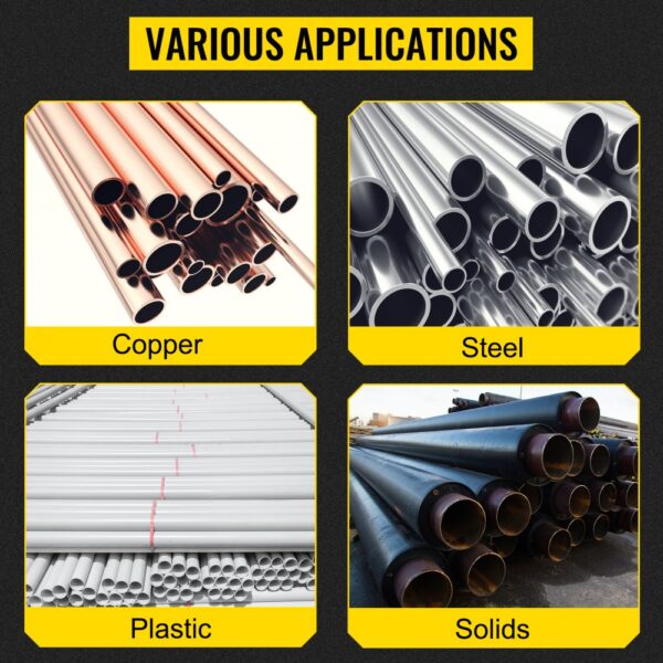 various applications for VEVOR pipe stand: copper, steel, plastic, and solids pipes.