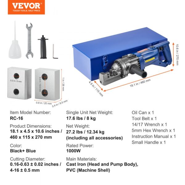 VEVOR 1000W Electric Hydraulic Rebar Cutter up to 5/8 Inch (4-16mm) #5 Rebar