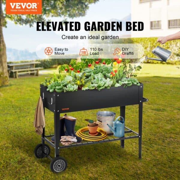 VEVOR raised garden bed with plants, tools, and accessories on a sunny lawn. features: easy to move, 110 lbs load capacity.