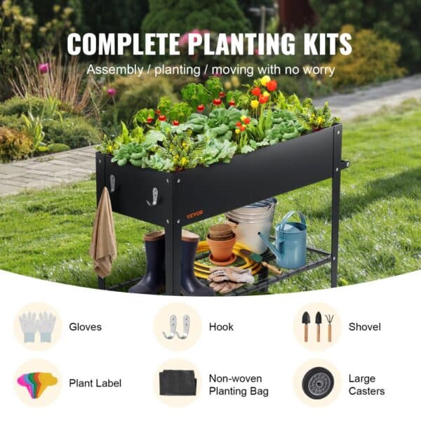 VEVOR raised garden bed with plants, gardening tools, and accessories in a lush green garden.