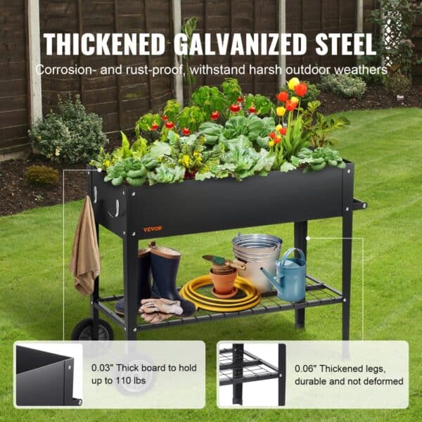 VEVOR raised garden bed in galvanized steel, growing vegetables with gardening tools on bottom shelf in backyard.