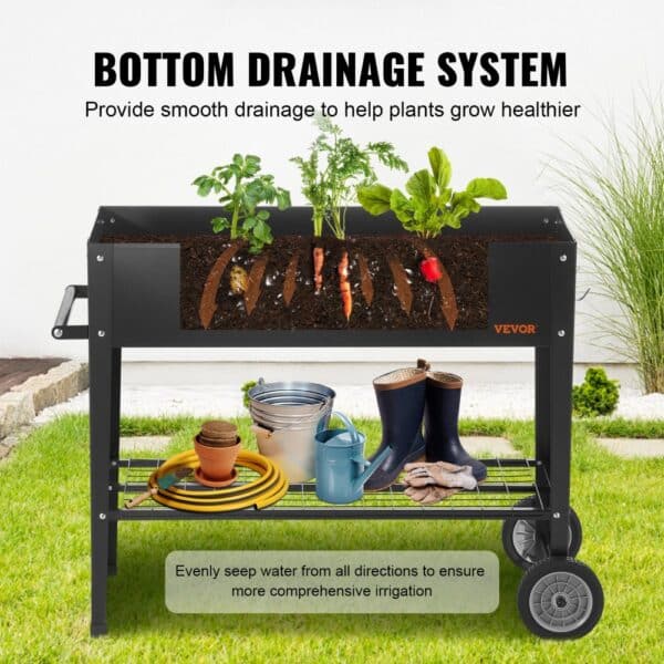 VEVOR raised garden bed with plants, bottom drainage, gardening tools, and watering can for healthy growth.