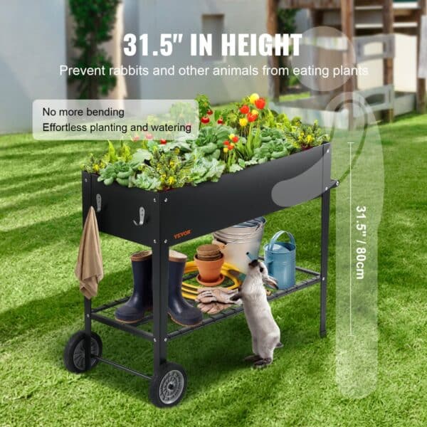 VEVOR raised garden bed on wheels with vibrant plants, preventing animals from eating plants, 31.5" height.