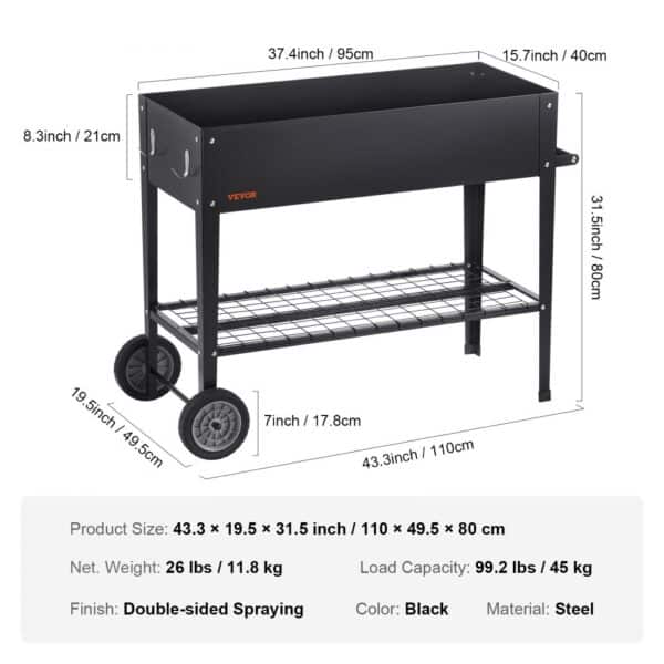 VEVOR raised garden bed with wheels, black steel, double-sided spraying finish, dimensions labeled.