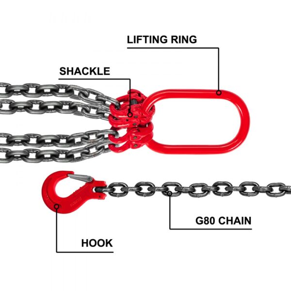 VEVOR 4 Legs Chain Sling with Sling Hook G80, 8MM X 1M Lifting Chain Slings, Chain Hanging with Shortners Crane Grade 80 4T/ 8800LBS, Heavy Duty Lifting Chain Sling with Hooks