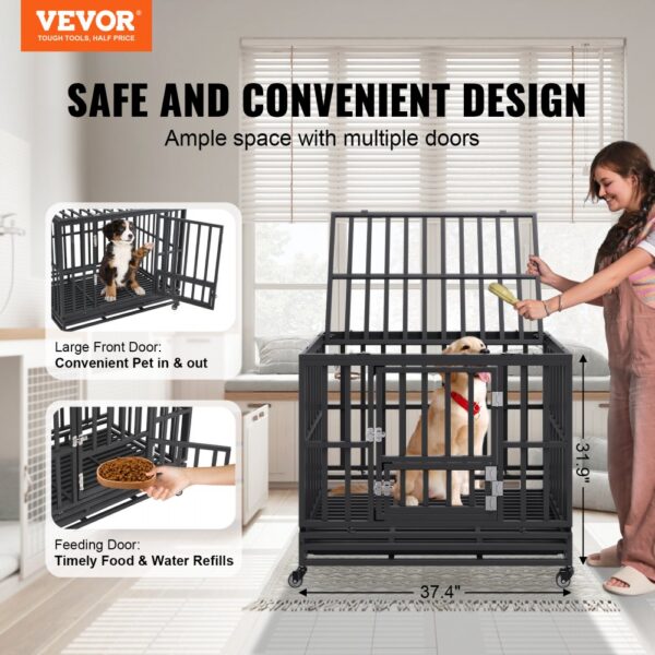 VEVOR heavy duty dog crate: secure design with multiple doors for easy pet access and feeding.