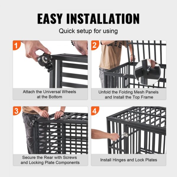 VEVOR heavy duty dog crate easy installation guide with steps for assembling and securing components.