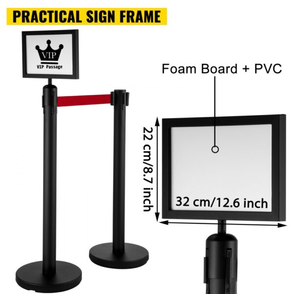 VEVOR stanchion post barriers with practical sign frame and dimensions.