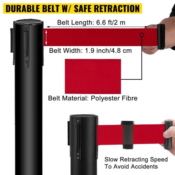 VEVOR stanchion post barriers with 6.6 ft red polyester belt.