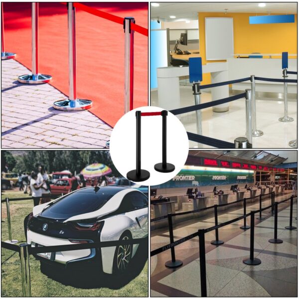 VEVOR stanchion post barriers in various settings: red carpet, office, event, airport queue.