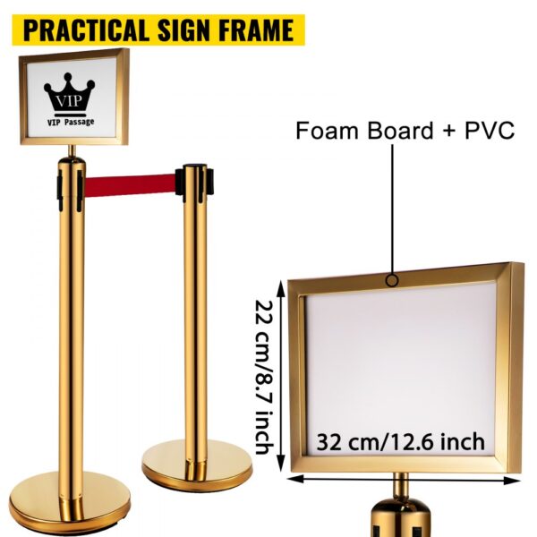 VEVOR stanchion post barriers with gold posts, red belt, and vip sign frame.