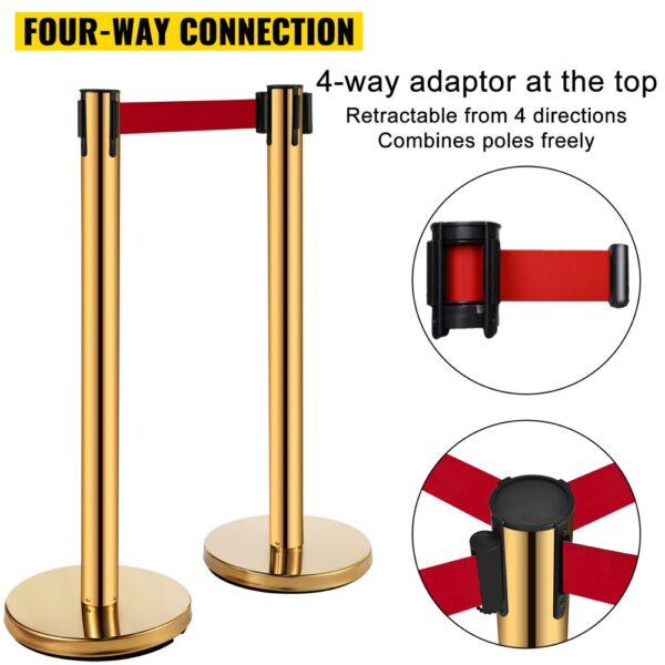 VEVOR stanchion post barriers with four-way connection and retractable red belts.