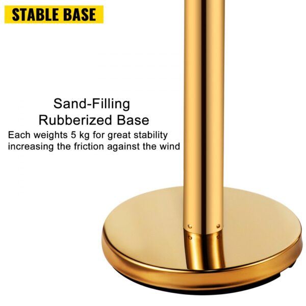 gold VEVOR stanchion post barriers with sand-filling rubberized base for stability.