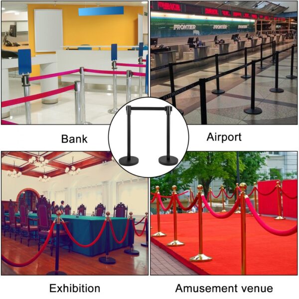 VEVOR crowd control barrier used in bank, airport, exhibition, and amusement venue.