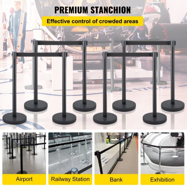 VEVOR Crowd Control Stanchion, 8 Pieces Stanchion Set, with 6.6 ft/2 m Black Retractable Belt, Black Crowd Control Barrier w/Concrete and Metal Base, Easy Connect Assembly