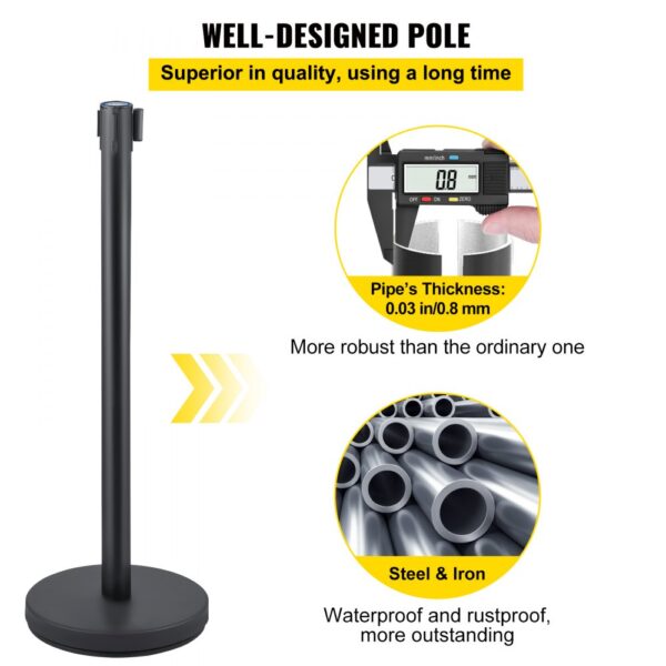 VEVOR Crowd Control Stanchion, 8 Pieces Stanchion Set, with 6.6 ft/2 m Black Retractable Belt, Black Crowd Control Barrier w/Concrete and Metal Base, Easy Connect Assembly