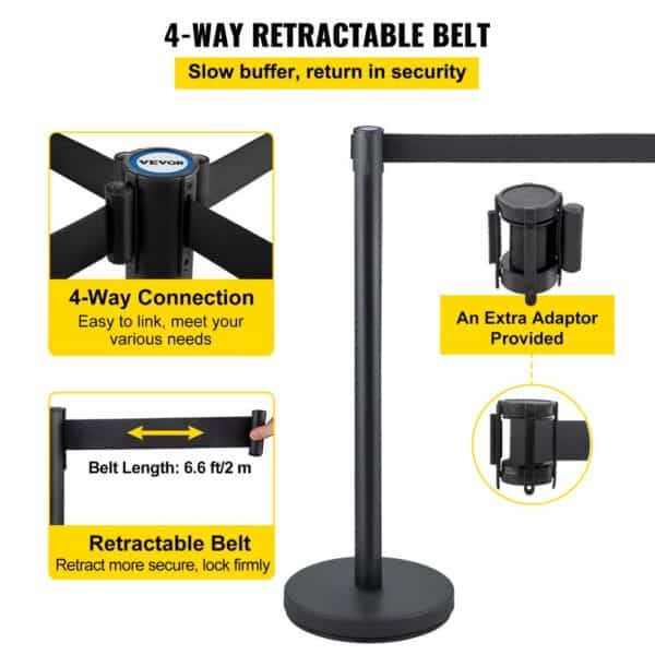 VEVOR Crowd Control Stanchion, 8 Pieces Stanchion Set, with 6.6 ft/2 m Black Retractable Belt, Black Crowd Control Barrier w/Concrete and Metal Base, Easy Connect Assembly