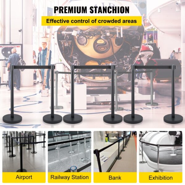 VEVOR crowd control stanchion in various settings: airport, railway station, bank, and exhibition.