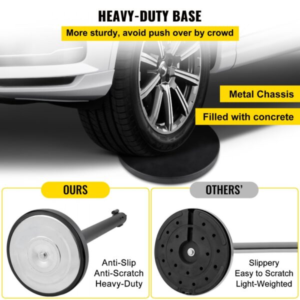 VEVOR crowd control stanchion: heavy-duty base, metal chassis, anti-slip, anti-scratch.