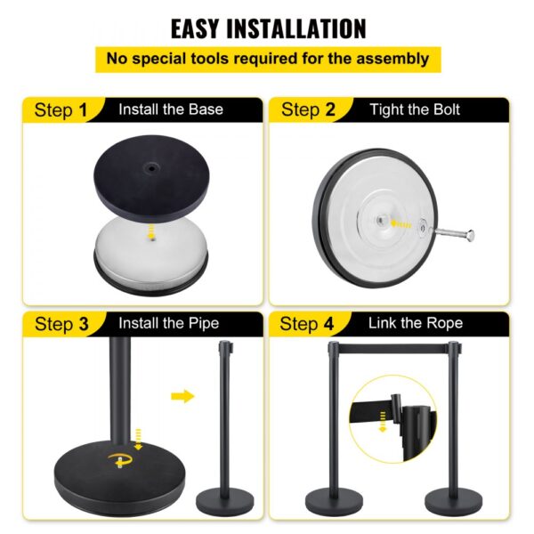 VEVOR crowd control stanchion installation guide: steps to install base, bolt, pipe, and rope.