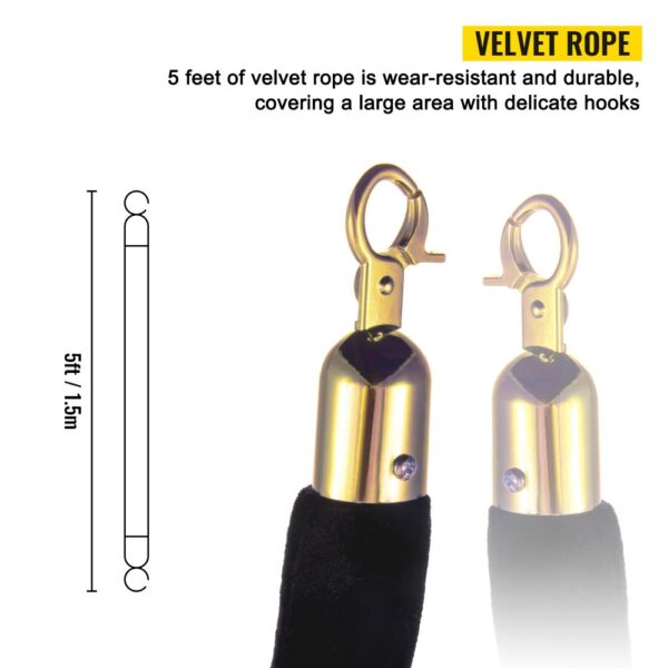 black velvet rope with gold hooks, VEVOR crowd control stanchion set, 5ft length.