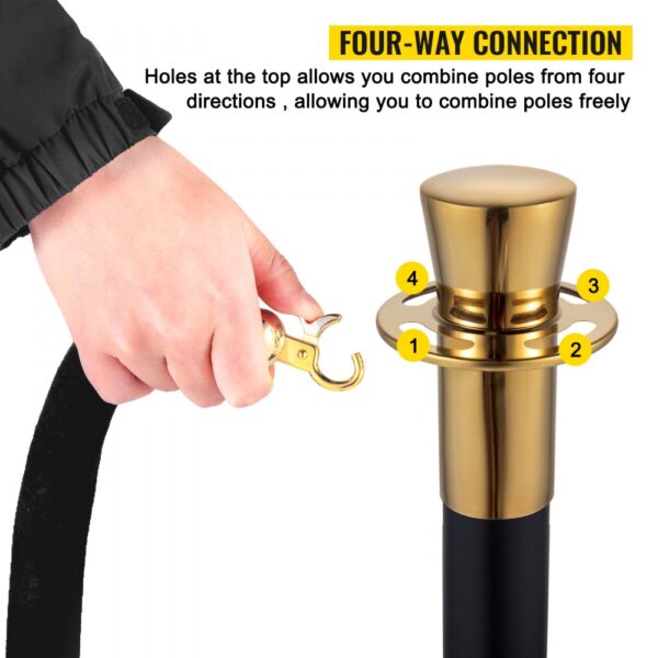 hand attaching a hook to a VEVOR crowd control stanchion set with four-way connection.