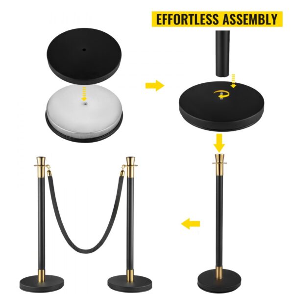 effortless assembly of VEVOR crowd control stanchion set with black bases and ropes.