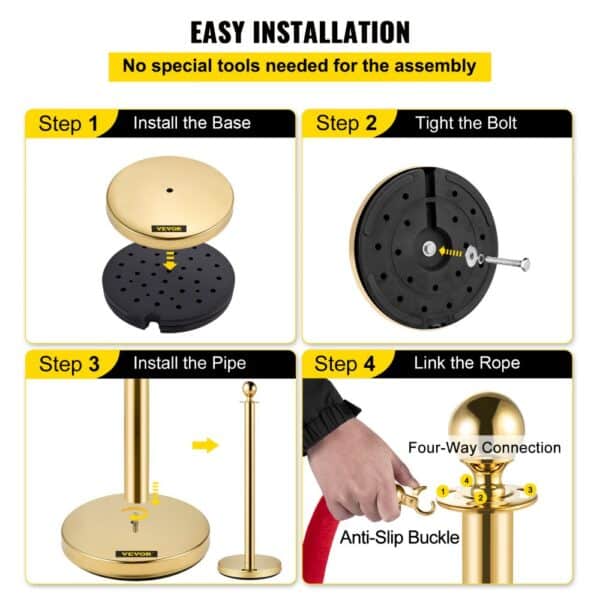 VEVOR stanchion posts assembly guide: base, bolt, pipe, and rope linkage steps.