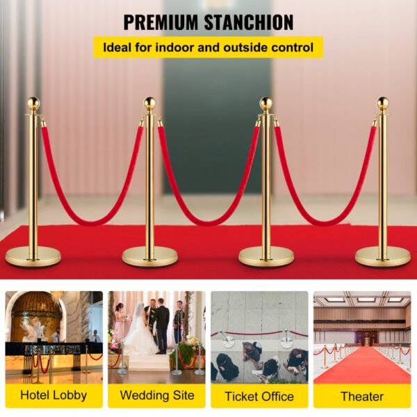 VEVOR crowd control barriers with red ropes for hotel lobbies, weddings, and theaters.