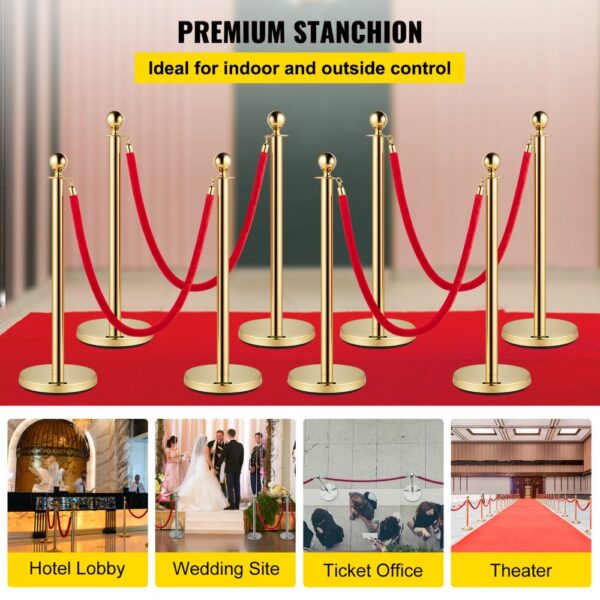 VEVOR Crowd Control Stanchion, Set of 8 Pieces Stanchion Set, Stanchion Set with 5 ft/1.5 m Red Velvet Rope, Gold Crowd Control Barrier w/ Sturdy Concrete and Metal Base – Easy Connect Assembly