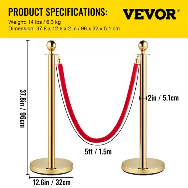 VEVOR Crowd Control Stanchion, Set of 8 Pieces Stanchion Set, Stanchion Set with 5 ft/1.5 m Red Velvet Rope, Gold Crowd Control Barrier w/ Sturdy Concrete and Metal Base – Easy Connect Assembly